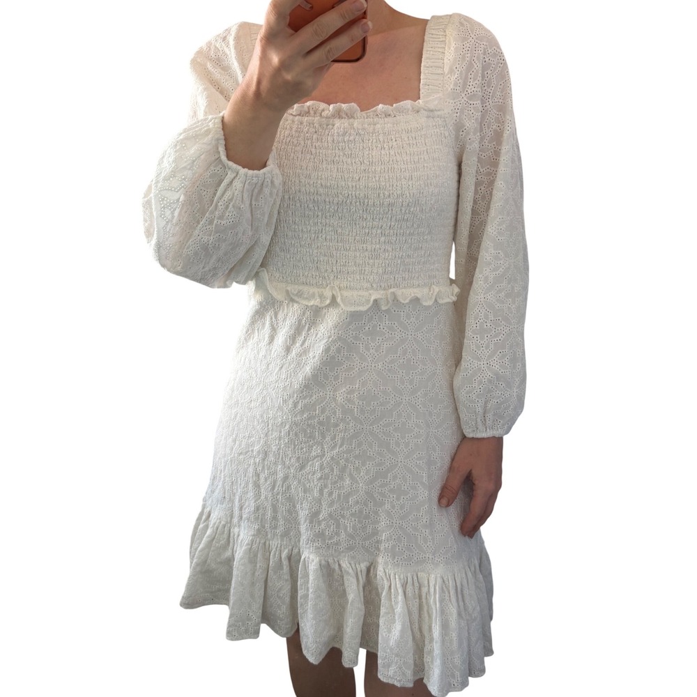 Veronica Beard White Eyelet Smocked Cutout Mini Dress Size 6 Cotton Cotagecore